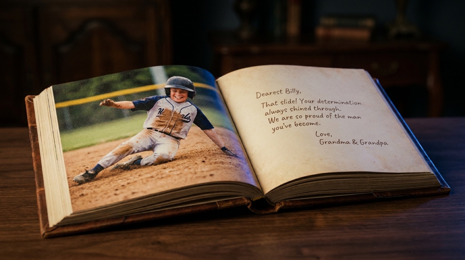 An open Diamond Legacy hardcover book with a photo and a handwritten note