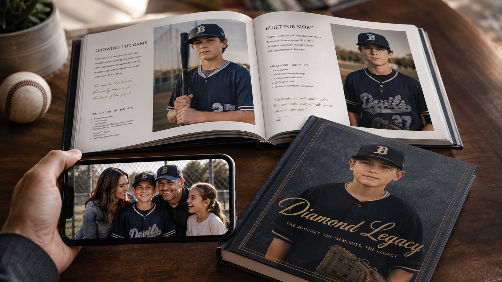 A Diamond Legacy keepsake book beside a phone playing a family video memory