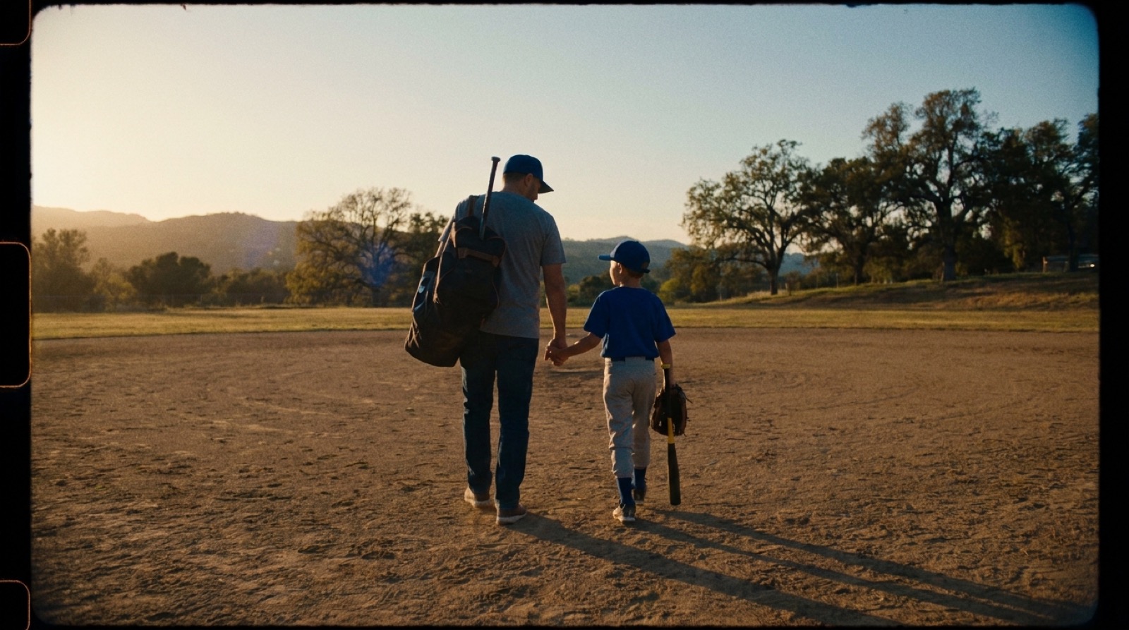 A parent and young player walking off the field at sunset